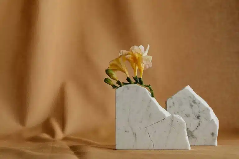 a white marble vase with a yellow flower in it